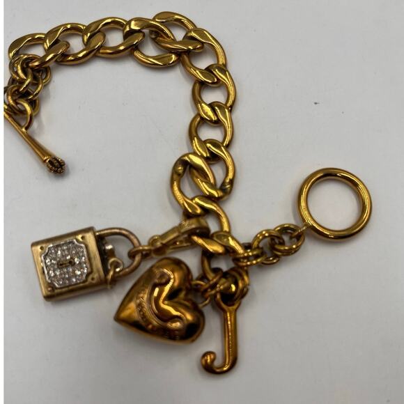 Juicy Couture Gold Tone Pave Padlock With Key Puff 3D Heart and J Charm Bracelet - Picture 7 of 8
